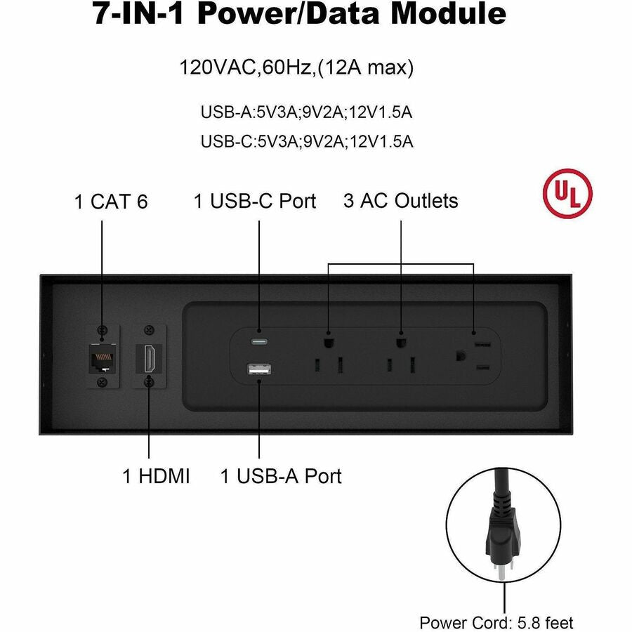 Lorell Power/Data Outlet, 5 x Power Receptacles, 120 V AC Desk Mountable (LLR34005)