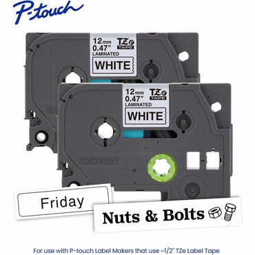 Brother Genuine P-touch TZe2312PK BK on WHT Label Tapes, Laminated, 12mmX8m each, 15/32", White, Water Resistant, 2/Pack (BRTTZE2312PKG)