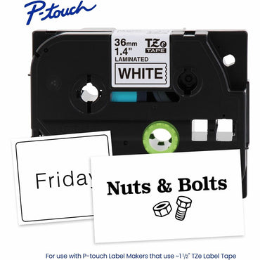 Brother P-touch Genuine TZe261 BK on WHT Label Tape, Laminated, 36mmX8m, 1 27/64", White, Water Resistant (BRTTZE261G)