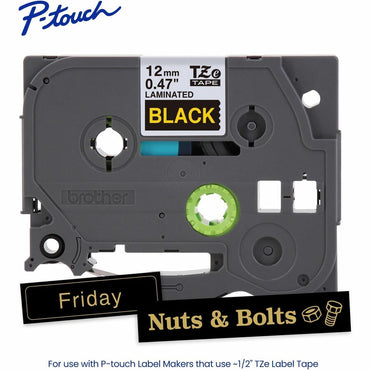 Brother P-touch Genuine TZe334 GLD on BK Label Tape, Laminated, 12mmX8m, x 15/32" x 26 1/5 ft Length, Black, Vinyl (BRTTZE334G)