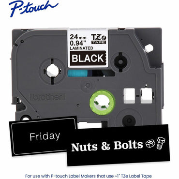 Brother P-touch Genuine TZe355 WHT on BK Label Tape, Laminated, 24mmX8m, 15/16", White on Black, Water Resistant (BRTTZE355G)