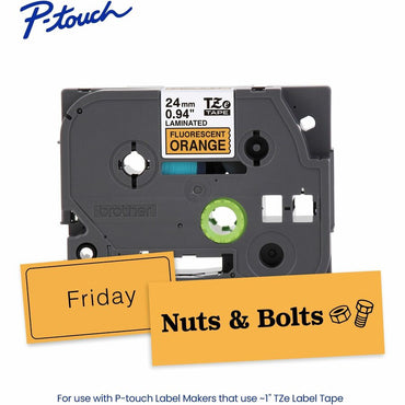 Brother P-touch Genuine TZeB51 BK on FLUOR ORG Label Tape, Laminated, 24mmX5m, x 15/16", Fluorescent Orange (BRTTZEB51G)