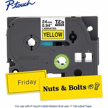 Brother P-touch Genuine TZe651 BK on YL Label Tape, Laminated, 24mmX8m, 15/16", Black On Yellow, Water Resistant (BRTTZE651G)