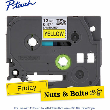 Brother P-touch Genuine TZe631 BK on YL Label Tape, Laminated, 12mmX8m, 15/32", Yellow, Water Resistant (BRTTZE631G)