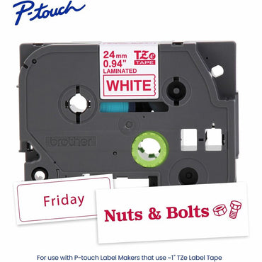 Brother P-touch Genuine TZe252 RD on WHT Label Tape, Laminated, 24mmX8m, x 15/16", White, Water Resistant (BRTTZE252G)