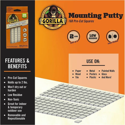 Gorilla Mounting Putty, Beige, For Indoor, Outdoor, Mounting, Paper, Wall, Wood, Tile, Metal, Glass, 168/Pack (GOR109100)