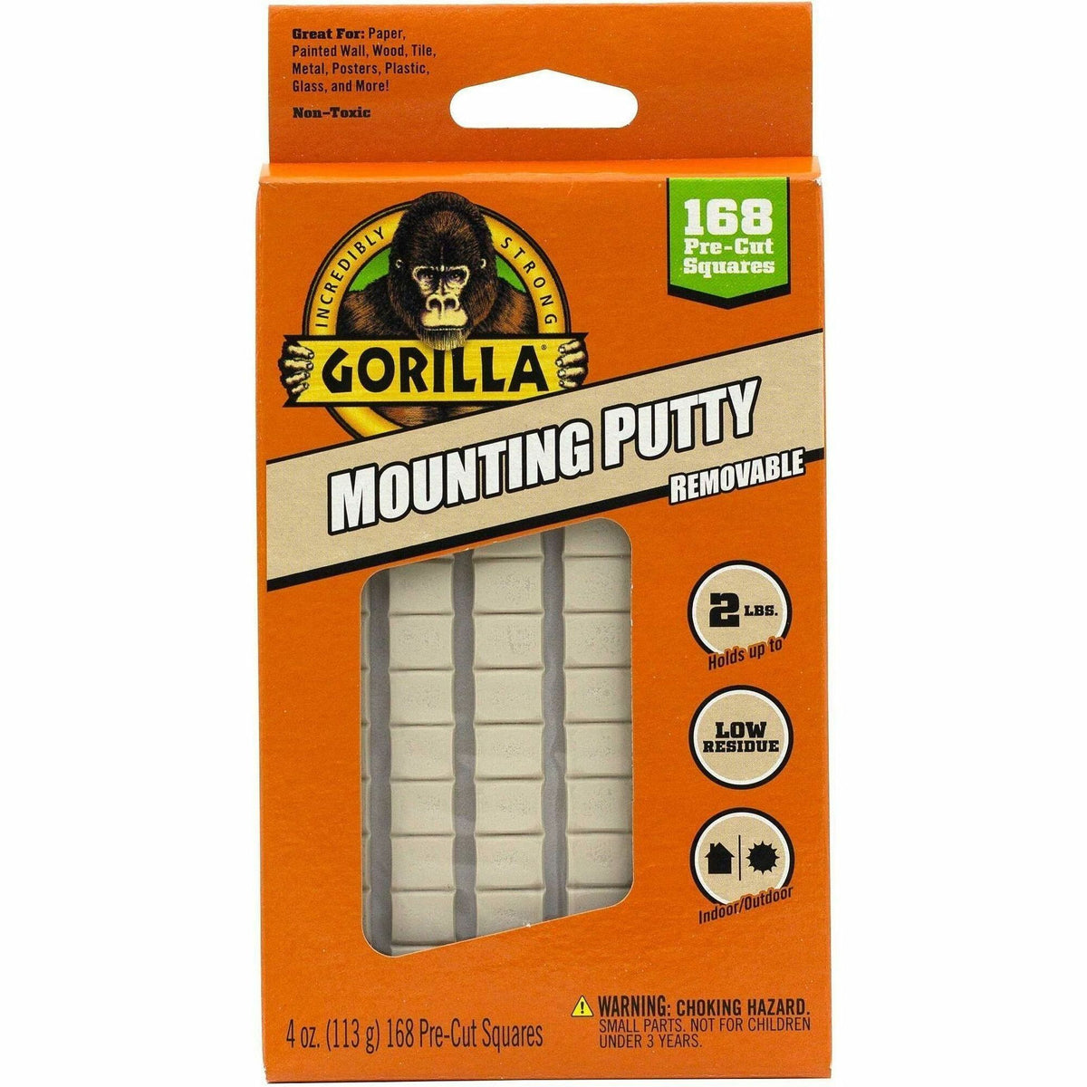 Gorilla Mounting Putty, Beige, For Indoor, Outdoor, Mounting, Paper, Wall, Wood, Tile, Metal, Glass, 168/Pack (GOR109100)