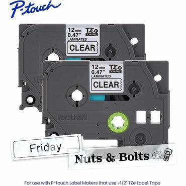 Brother Genuine P-touch TZe1312PK BK on CLR Label Tapes, Laminated, 12mmX8m each, 15/32", Clear, Water Resistant, 2/Pack (BRTTZE1312PKG)