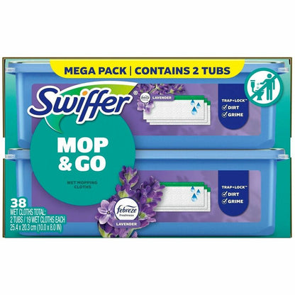 Swiffer Sweeper Wet Mop Cloths, Lavender Scent, 8" x 10", 19 Cloths/Pack, 2/Carton (PGC00743)