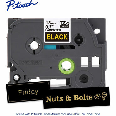 Brother Genuine P-touch TZe344 GLD on BK Label Tape, Laminated, 18mmX8m, 45/64", Black, Water Resistant (BRTTZE344G)
