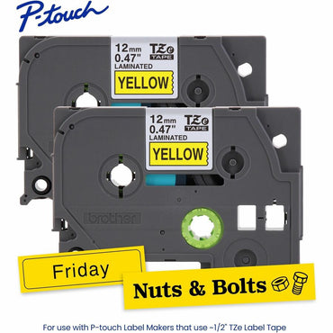 Brother Genuine P-touch TZe6312PK BK on YL Label Tapes, Laminated, 12mmX8m each, 15/32", Yellow, Water Resistant, 2/Pack (BRTTZE6312PKG)