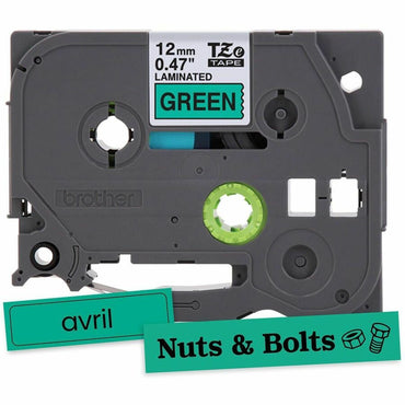Brother P-touch Genuine TZe731 BK on GRN Label Tape, Laminated, 12mmX8m, x 15/32", Green, Polyester, Water Resistant (BRTTZE731G)