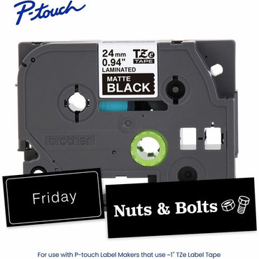 Brother Genuine P-touch TZeM355 WHT on BK Label Tape, Premium Matte Laminated, 24mmX8m, 15/16", Matte Black (BRTTZEM355G)