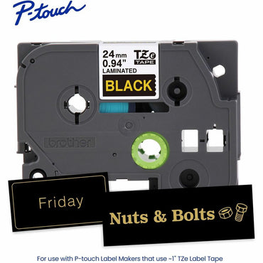 Brother Genuine P-touch TZe354 GLD on BK Label Tape, Laminated, 24mmX8m, 15/16", Black, Water Resistant (BRTTZE354G)