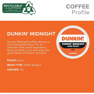 Dunkin' K-Cup Midnight Coffee, 0.3 oz Per Box, Dark, 22 K-Cup, Kosher, 4/Carton (GMT0316CT)