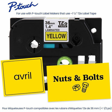 Brother P-touch Genuine TZe661 BK on YL Label Tape, Laminated, 36mmX8m, 1 27/64", Yellow, Water Resistant (BRTTZE661G)