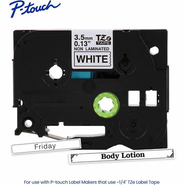 Brother P-touch Genuine TZeN201 BK on WHT Narrow Non-Laminated Label Tape, 3.5mmX8m, 9/64", White, Water Resistant (BRTTZEN201G)