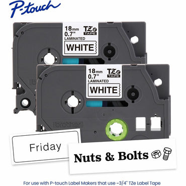 Brother P-touch Genuine TZe2412PK BK on WHT Label Tapes, Laminated, 18mmX8m each, x 45/64" x 26 1/5 ft Length, White, 2/Pack (BRTTZE2412PKG)