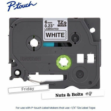 Brother P-touch Genuine TZe211 BK on WHT Label Tape, Laminated, 6mmX8m, x 15/64", White, Water Resistant (BRTTZE211G)
