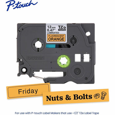 Brother Genuine P-touch TZeB31 BK on FLUOR ORG Label Tape, Laminated, 12mmX5m, 15/32", Fluorescent Orange (BRTTZEB31G)