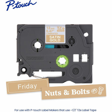 Brother Genuine P-touch TZeMQ835 WHT on SATIN GLD Label Tape, Laminated, 12mmX5m, 15/32", Satin Gold (BRTTZEMQ835G)