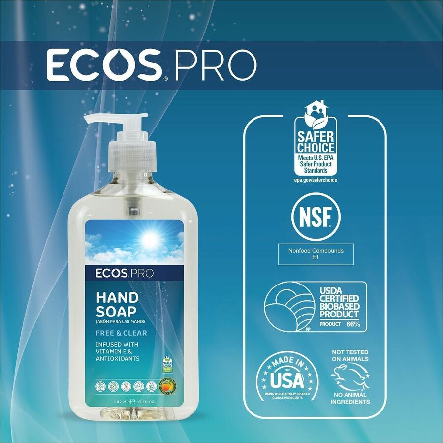 ECOS PRO Liquid Hand Soap, Free and Clear Scent, 17 fl oz, Pump Dispenser, 6/Carton (EOPPL96636)