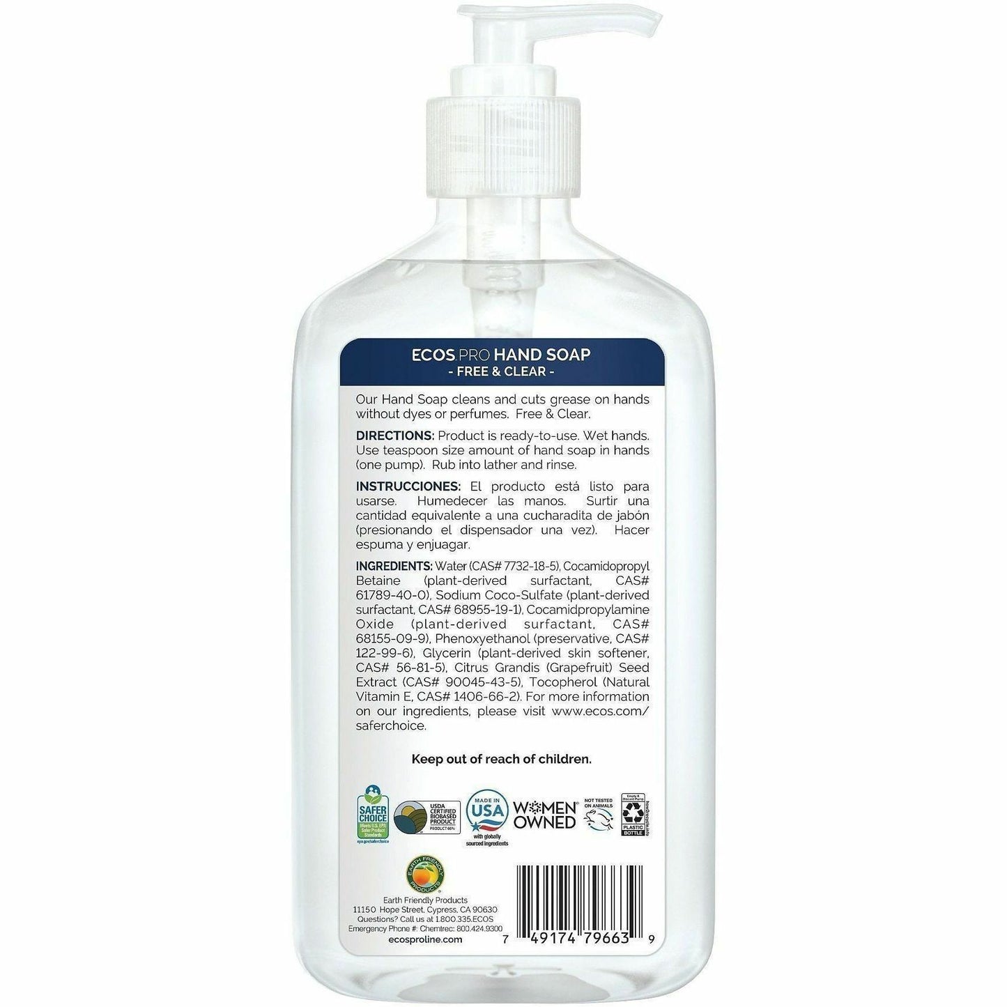 ECOS PRO Liquid Hand Soap, Free and Clear Scent, 17 fl oz, Pump Dispenser, 6/Carton (EOPPL96636)