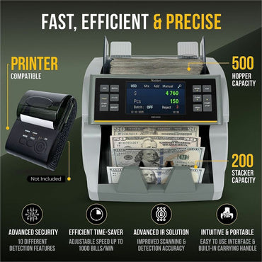 Kolibri KBR-1500 V2 Mixed Bill Counter, Counts @ 1200 bills/min, Gray (CDAKBR1500V2)