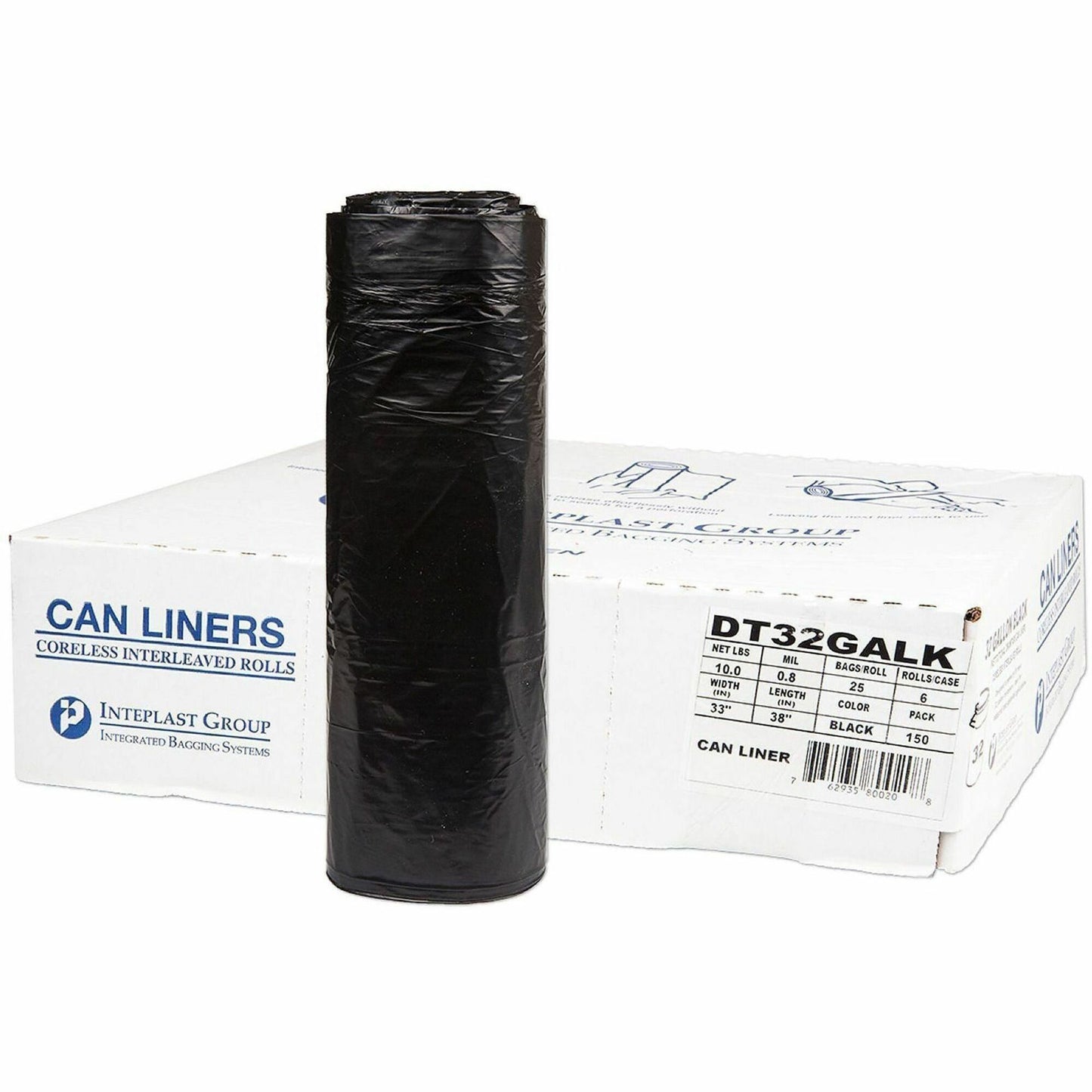 Inteplast Draw-Tuff Draw Tape Can Liners, 32 gal Capacity, 38" x 33" x 0.80 mil (IBSDT32GALK)