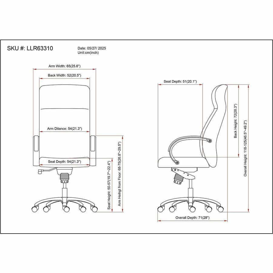 Lorell Pike High Back Executive Chair, High Back, Black, Polyurethane, Armrest (LLR63310)
