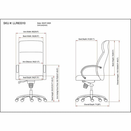 Lorell Pike High Back Executive Chair, High Back, Black, Polyurethane, Armrest (LLR63310)