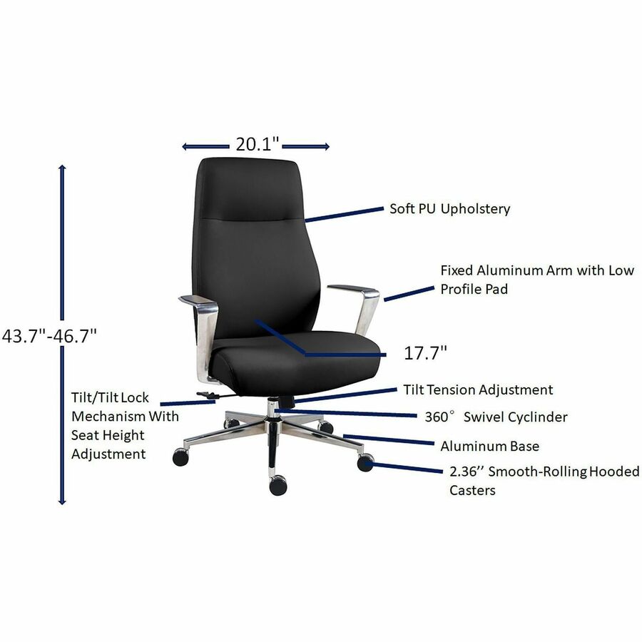 Lorell Fuerte Executive/Conference High-Back Chair with Polished Aluminum Arms, High Back, Black (LLR63305)