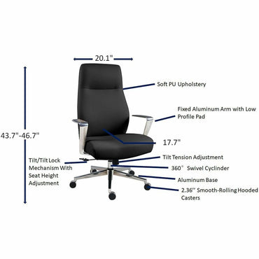 Lorell Fuerte Executive/Conference High-Back Chair with Polished Aluminum Arms, High Back, Black (LLR63305)