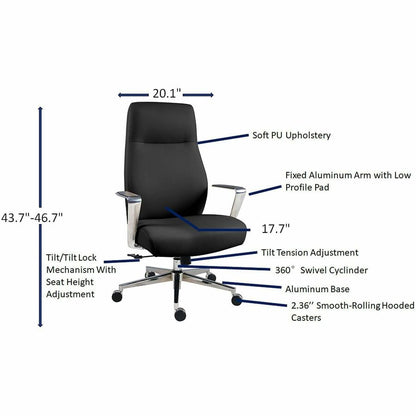 Lorell Fuerte Executive/Conference High-Back Chair with Polished Aluminum Arms, High Back, Black (LLR63305)