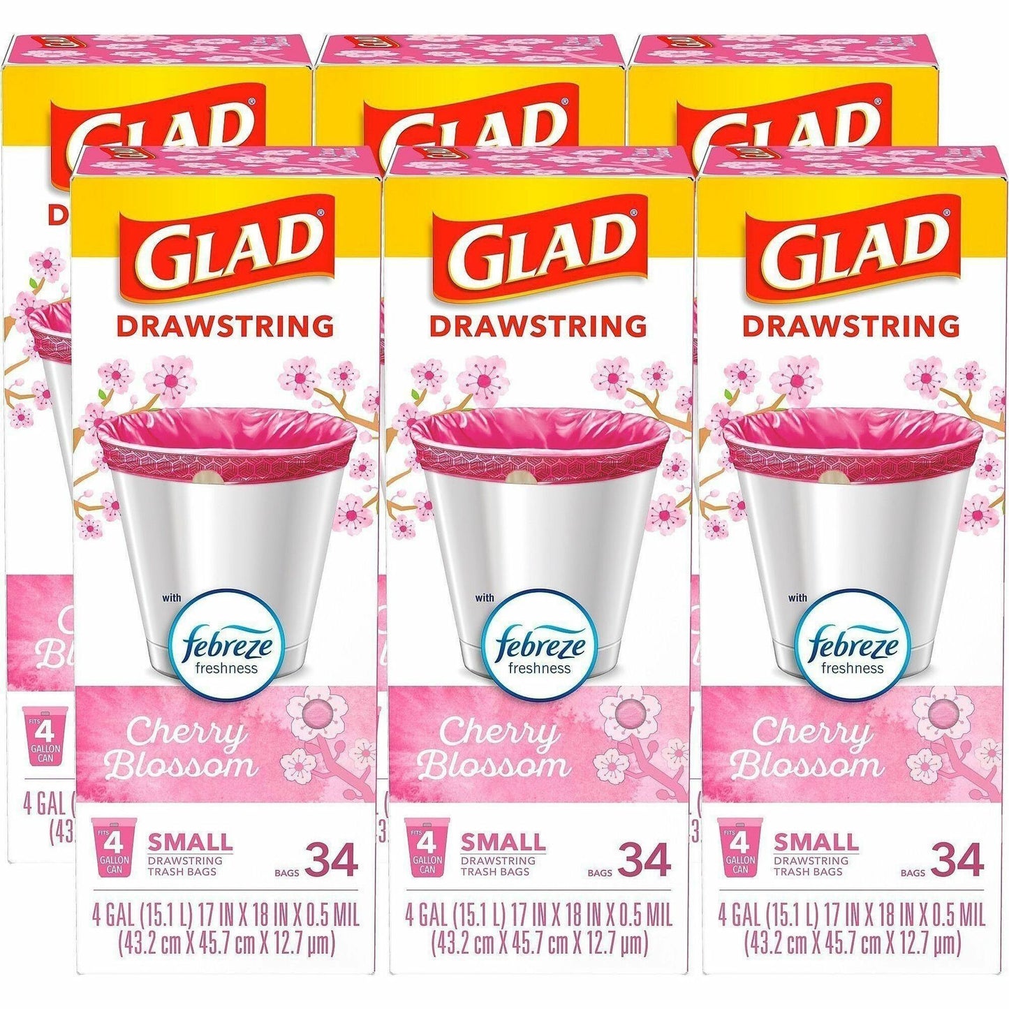 Glad Odorshield Small Drawstring Trash Bags, Cherry Blossom, 4 gal, 34/Box, 6/Carton (CLO79274CT)