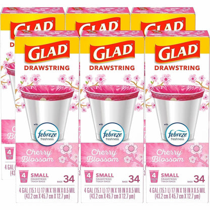 Glad Odorshield Small Drawstring Trash Bags, Cherry Blossom, 4 gal, 34/Box, 6/Carton (CLO79274CT)