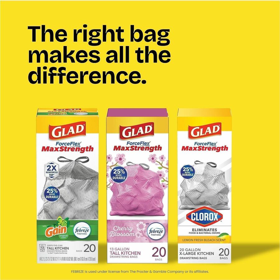 Glad Odorshield Small Drawstring Trash Bags, Cherry Blossom, 4 gal, 34/Box, 6/Carton (CLO79274CT)