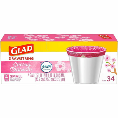 Glad Odorshield Small Drawstring Trash Bags, Cherry Blossom, 4 gal, 34/Box, 6/Carton (CLO79274CT)