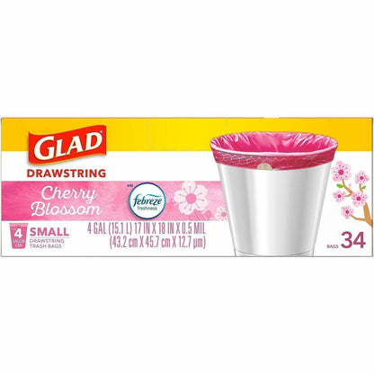 Glad Odorshield Small Drawstring Trash Bags, Cherry Blossom, 4 gal, 34/Box, 6/Carton (CLO79274CT)