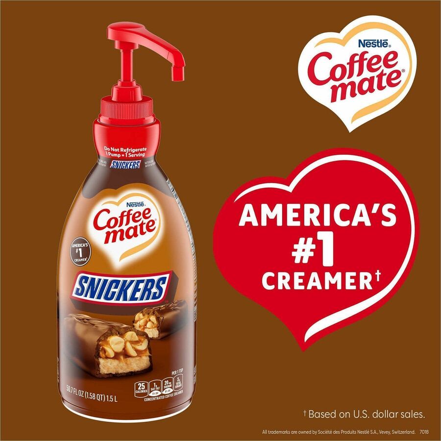 Coffee mate Liquid Pump Flavored Creamer, 50.72 fl oz (1.50 L), Snickers, Chocolate, Nut, Caramel Flavor, 300 Serving, 2/Carton (NES97955CT)