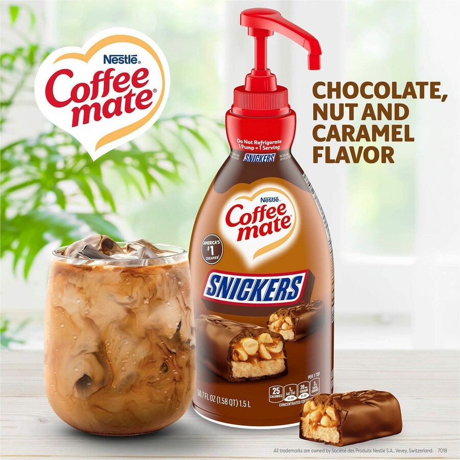 Coffee mate Liquid Pump Flavored Creamer, 50.72 fl oz (1.50 L), Snickers, Chocolate, Nut, Caramel Flavor, 300 Serving, 2/Carton (NES97955CT)