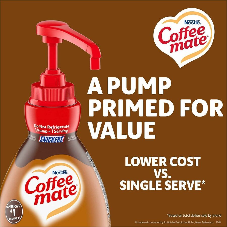 Coffee mate Liquid Pump Flavored Creamer, 50.72 fl oz (1.50 L), Snickers, Chocolate, Nut, Caramel Flavor, 300 Serving, 2/Carton (NES97955CT)