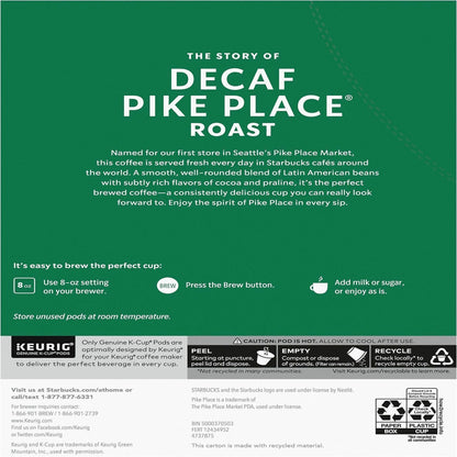 Starbucks K-Cup Decaf Pike Place Roast Coffee, American, Medium, 24 K-Cup, 4/Carton (SBK12434952CT)