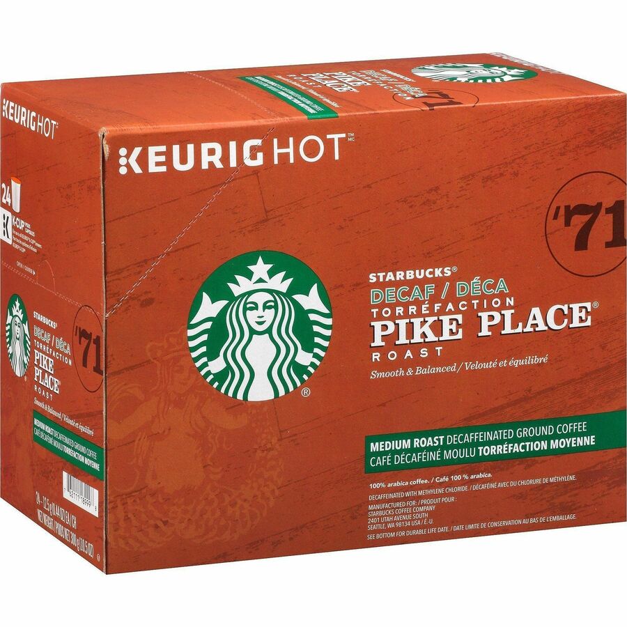 Starbucks K-Cup Decaf Pike Place Roast Coffee, American, Medium, 24 K-Cup, 4/Carton (SBK12434952CT)