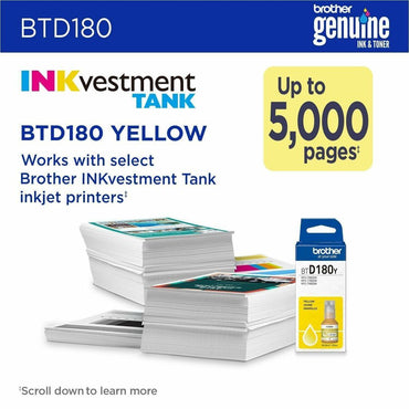 Brother Genuine BTD180Y High Yield Yellow Ink Bottle, 48.8 mL, 5000 Pages Yellow, Inkjet (BRTBTD180YS)