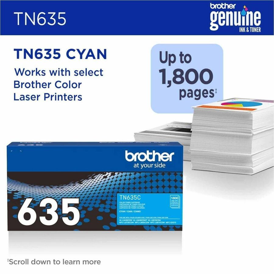 Brother TN635C Original Standard Yield Laser Toner Cartridge, 1800 pages, Cyan (BRTTN635C)