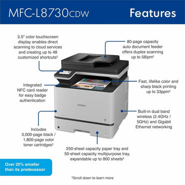 Brother MFC-L8730CDW Wired & Wireless Laser Multifunction Printer (BRTMFCL8730CDW)