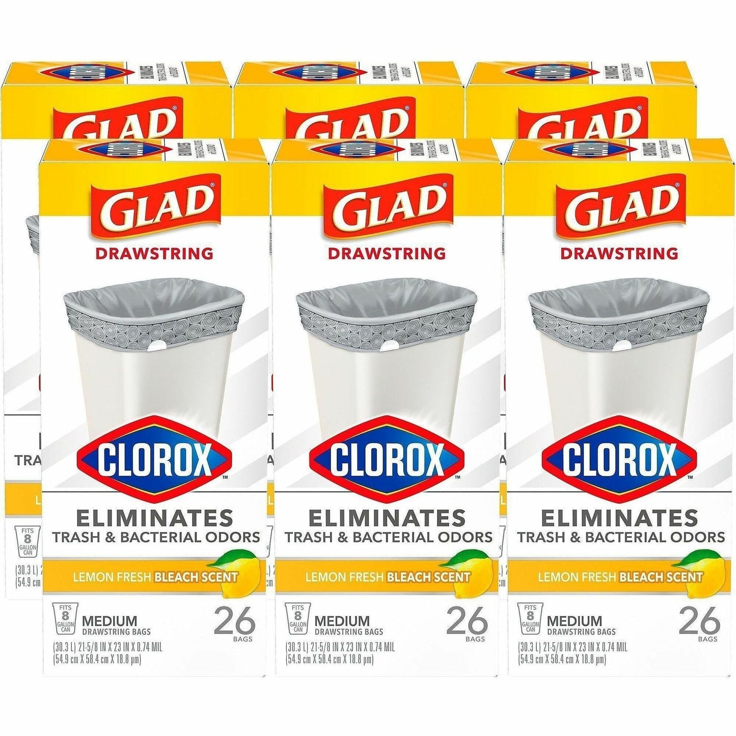 Glad Medium Drawstring Trash Bags with Clorox, Lemon Fresh Bleach, 8 gal, 26/Box, 6/Carton (CLO79316CT)