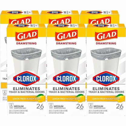 Glad Medium Drawstring Trash Bags with Clorox, Lemon Fresh Bleach, 8 gal, 26/Box, 6/Carton (CLO79316CT)