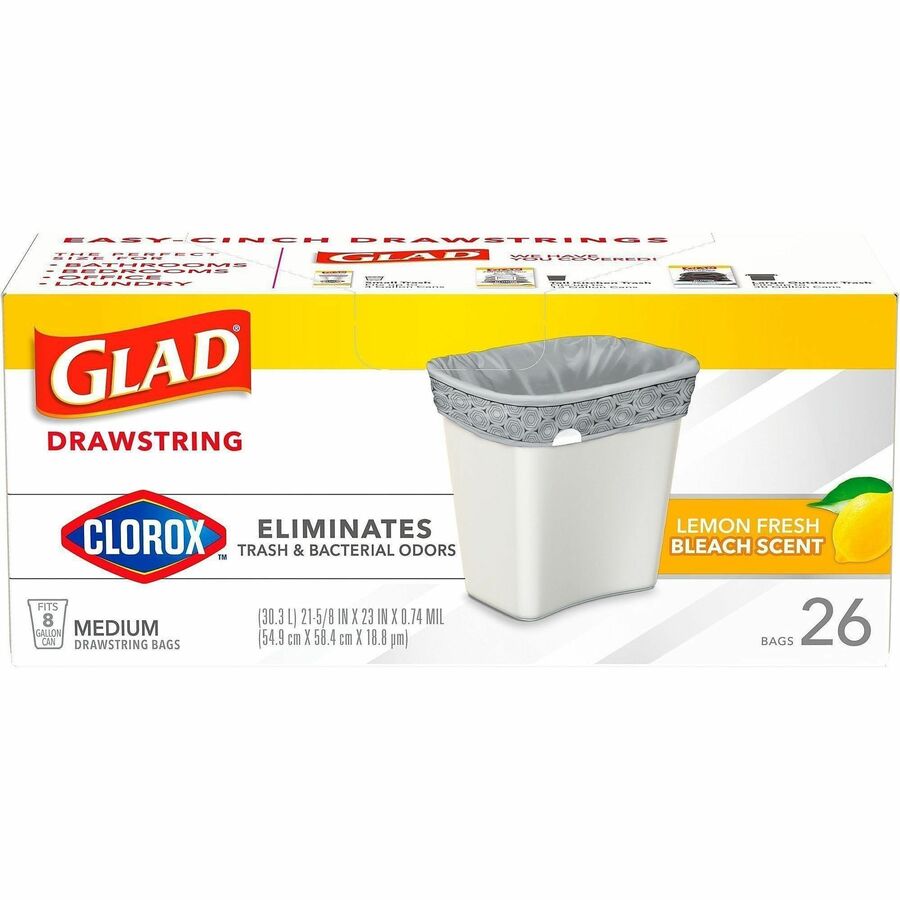 Glad Medium Drawstring Trash Bags with Clorox, Lemon Fresh Bleach, 8 gal, 26/Box, 6/Carton (CLO79316CT)